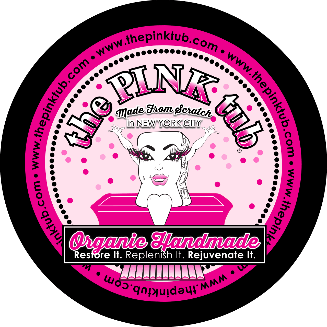 A pink pig logo with a woman in the background.