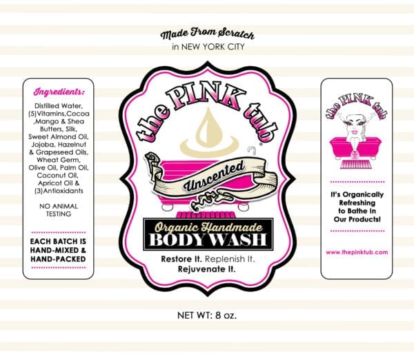 A label for body wash with pink lettering.