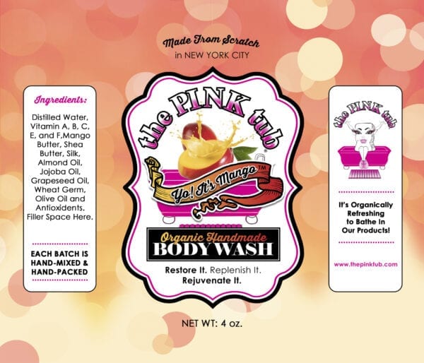 A label for the body wash that is made by the pink spa.