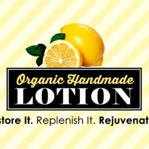 A lemon logo with the words organic handmade lotion.