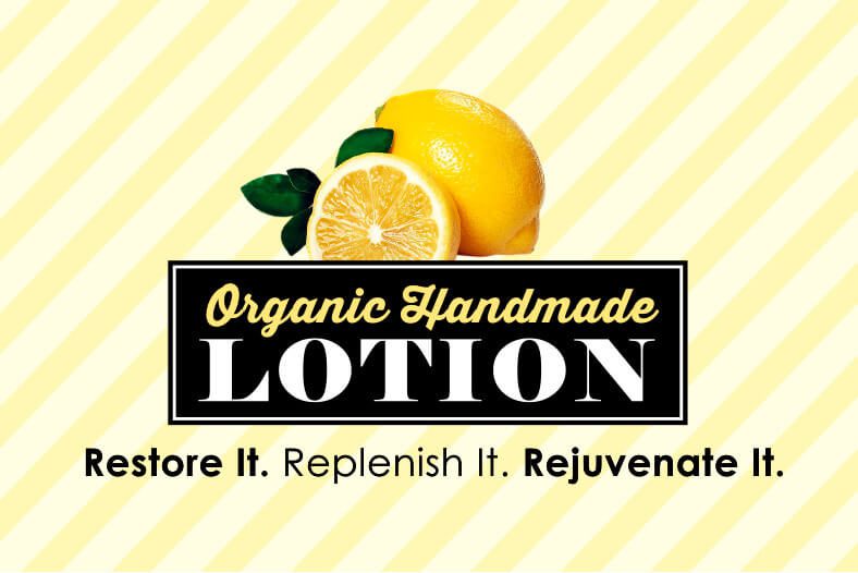A lemon logo with the words organic handmade lotion.