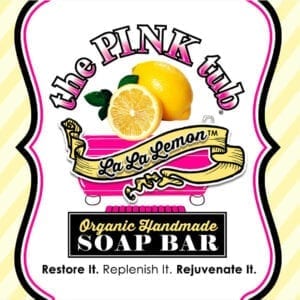 A pink tub label with lemons and the words " organic handmade soap bar ".