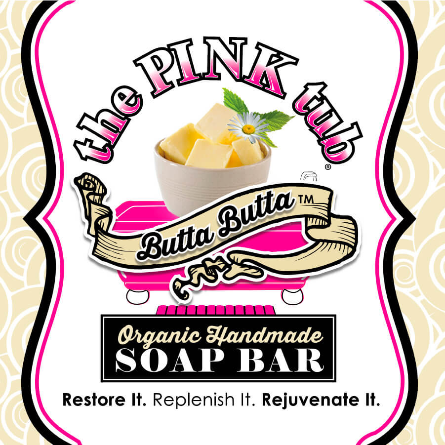 A pink tub soap bar with a white background