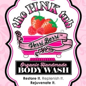 A pink tub label with strawberries and a ribbon.