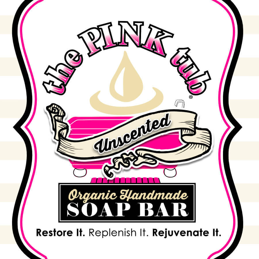 A pink tub soap bar logo with the name of the store.