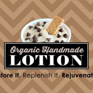 A logo for organic handmade lotion, with a bowl of cookies and milk.