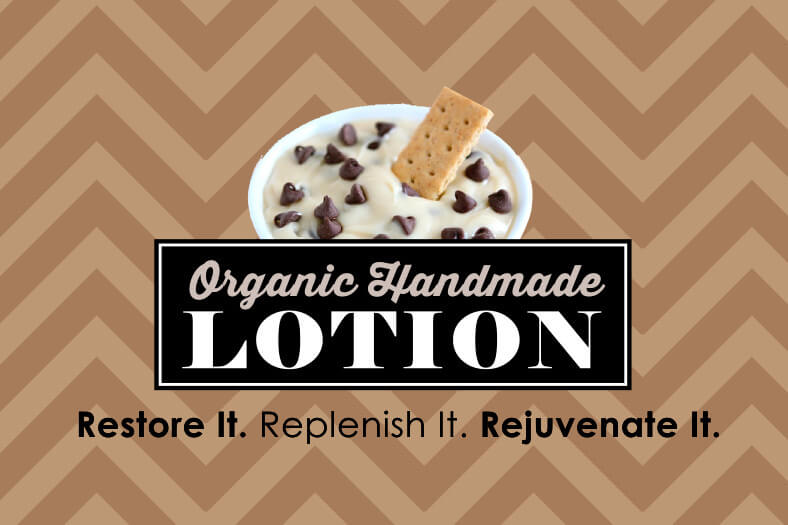 A logo for organic handmade lotion, with a bowl of cookies and milk.