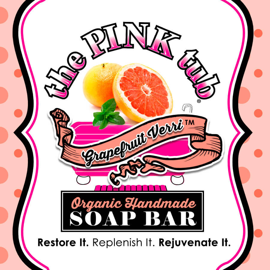 A pink tub soap bar with an orange and green logo.