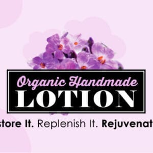 A purple flower with the words organic handmade lotion in front.