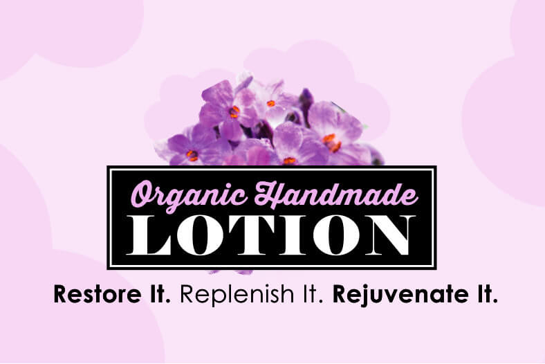 A purple flower with the words organic handmade lotion in front.