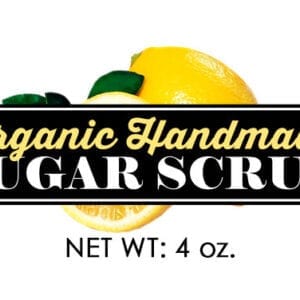 A black and white logo with lemons for sugar scrub.