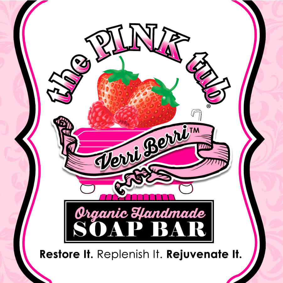 A pink tub with strawberries and a banner.
