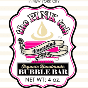 A pink tub label with the words " organic handmade bubble bar ".