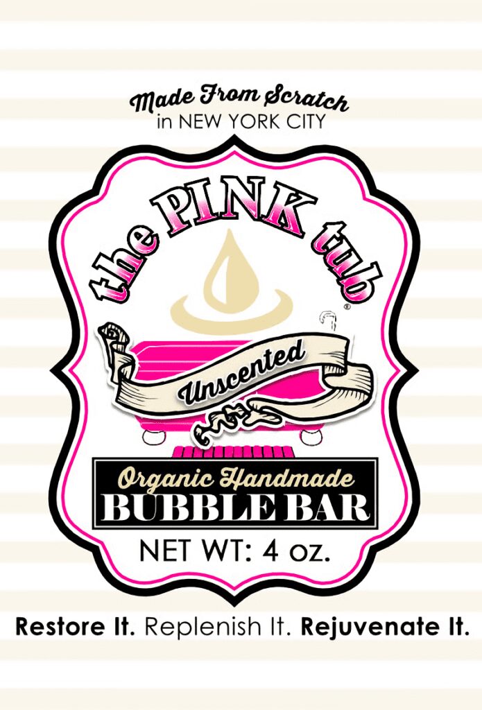 A pink tub label with the words " organic handmade bubble bar ".