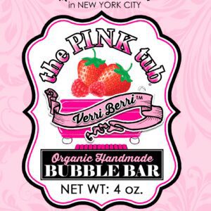 A pink label with strawberries and the words " very berry "