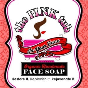 A pink tub logo with a woman 's face in the background.