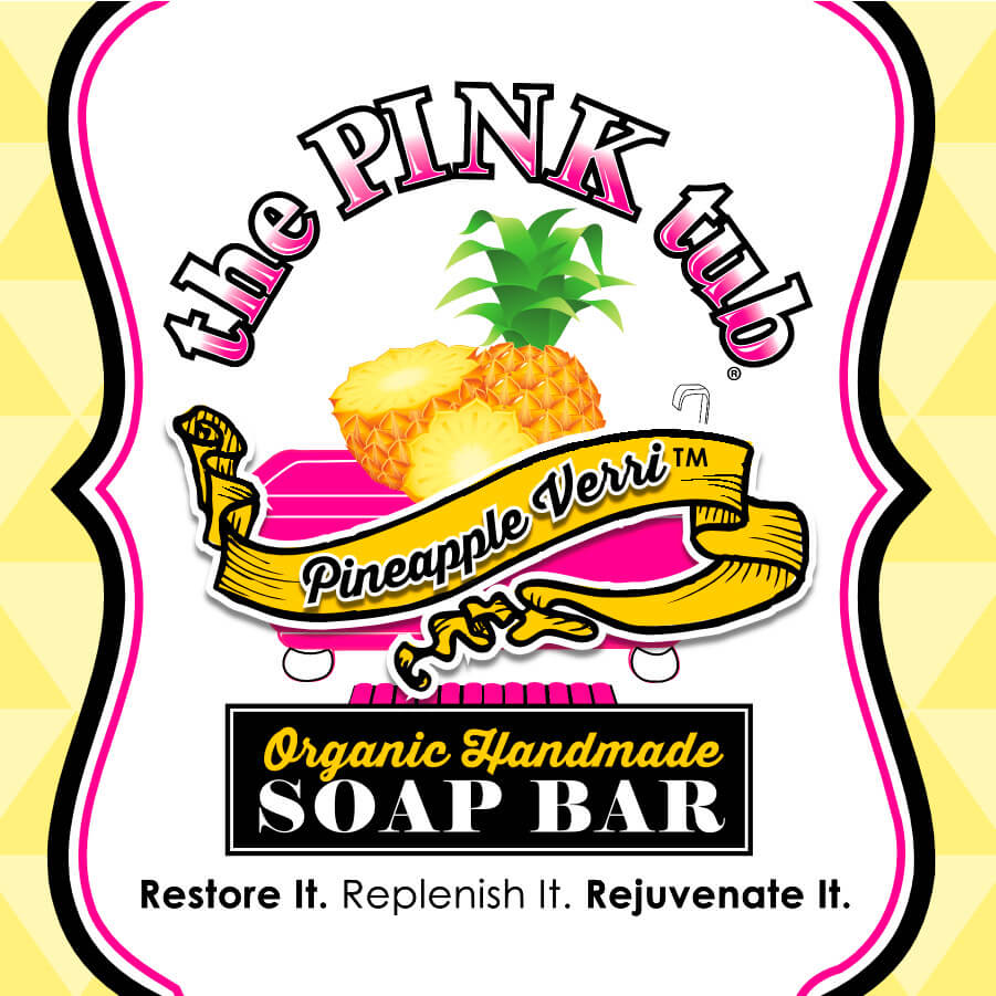 A pink tub soap bar with pineapple and yellow background