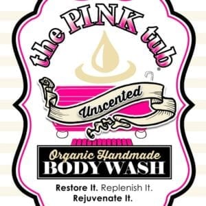 A pink tub label with the words " organic handmade body wash ".