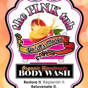 A pink tub of body wash on top of a yellow and red background.