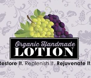 A logo for organic handmade lotion, with grapes on it.