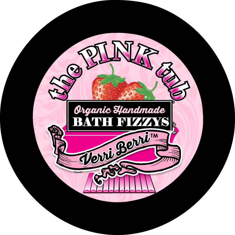A pink tub logo with strawberries and a black background
