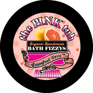 A pink tub logo with the name of the bath fizzys.