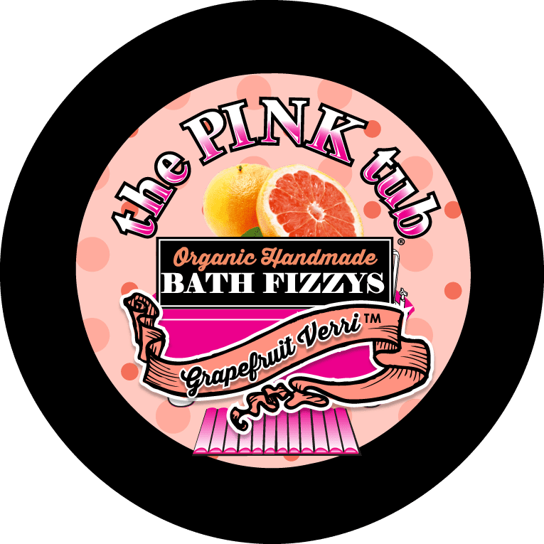 A pink tub logo with the name of the bath fizzys.