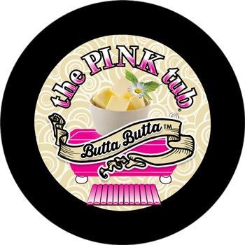 A pink tub logo with a black background