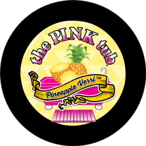 A pink tub logo with a pineapple on it.