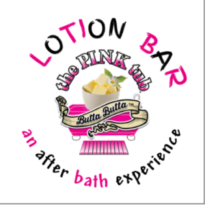 A pink umbrella logo with the words lotion bar and an after bath experience.