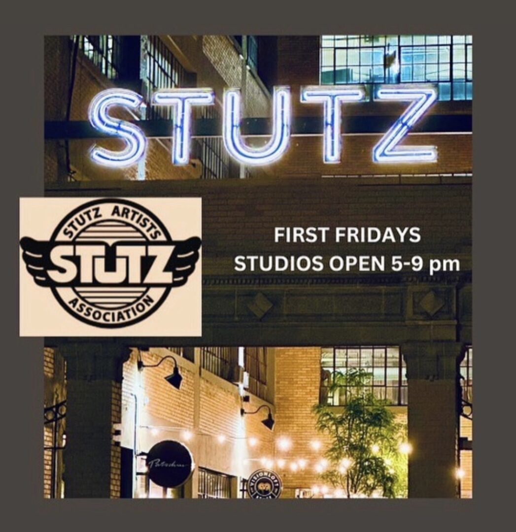 A neon sign that says stutz first fridays.