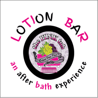 A logo for lotion bar, an after bath experience.