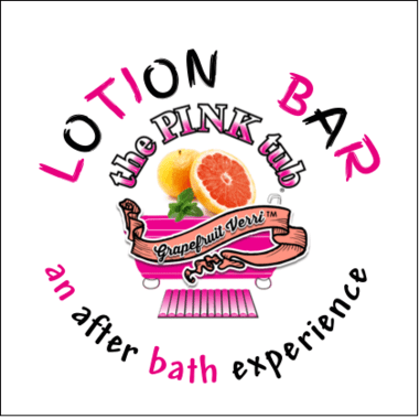 A pink logo with the words " lotion bar " and an orange.