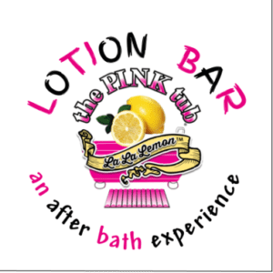A pink logo with the words lotion bar and an after bath experience.