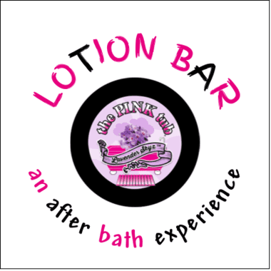 A pink and black logo for the lotion bar.
