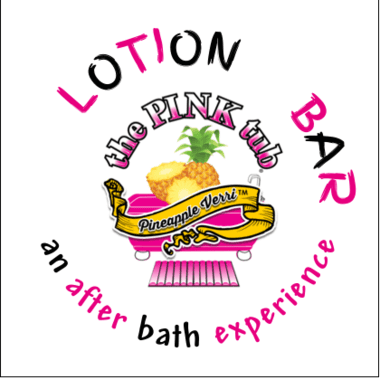 A pink lotion bar logo with a pineapple and brush.